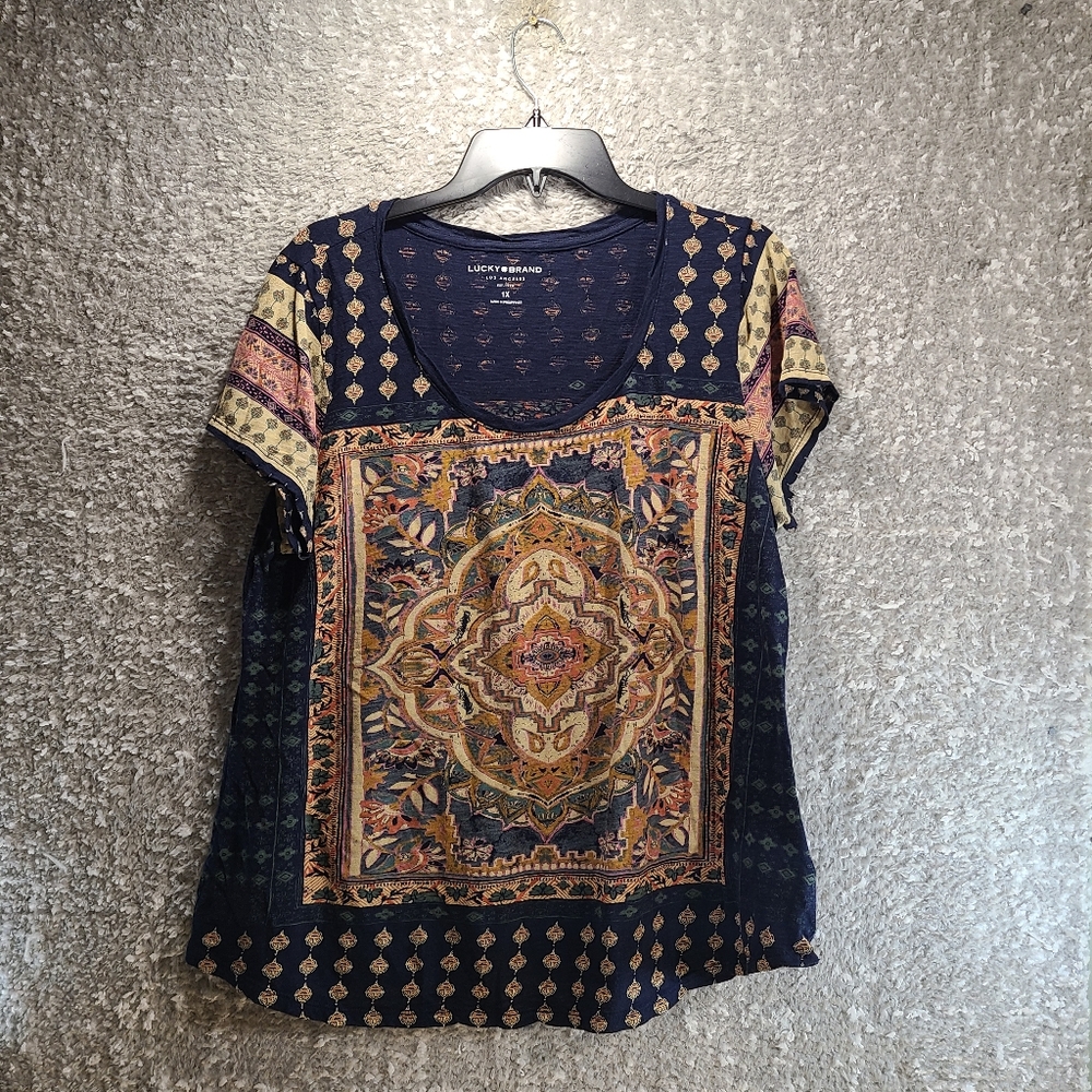 Lucky Brand Persian Carpet Tee Women’s Plus‎ 1X Navy Multicolor Short Sleeve Top